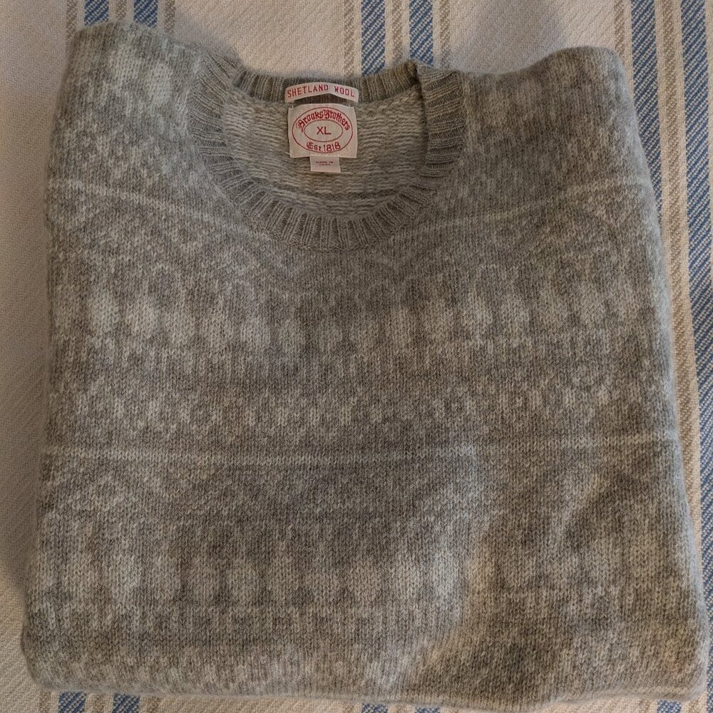 Brooks Brothers Men's Gray Cream Fair Isle Shetland Wool Crew Neck Sweater